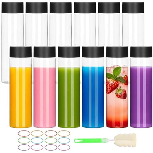 EkkoVla 12 Pack 400 ml/13.5 oz PET Plastic Juice Bottles, Clear Empty Bottles with Lids,Reusable Beverage Containers for Homemade Juice, Milk, Smoothies, Drinking Beverages