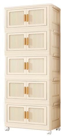 Storage Boxes with Lids,5 Tier Collapsible Large Plastic Storage Bins with Wheels and Magnetic Doors,Stackable Foldable Storage Boxes Easy Assembly For Kitchen Bedroom Livingroom