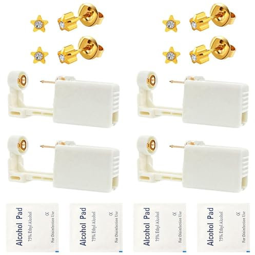 Ohrloch Stecher Set, 4 Stück Ohrlochpistole, Ohrringe Selber Stechen, Einweg Ohr Piercingpistole mit Ohrsteckern für Mädchen, Damen, Herren, Piercing Kit (Goldener Stern)