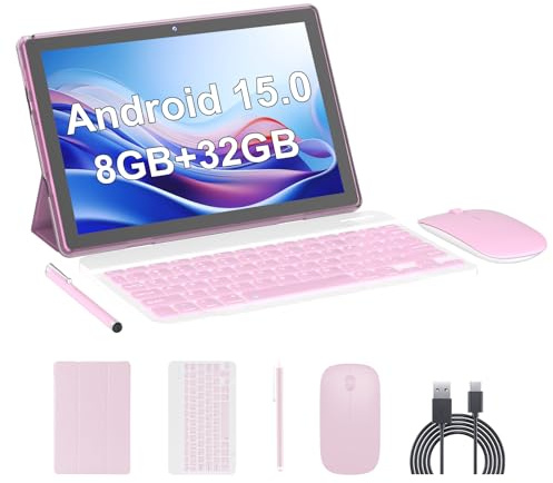 Android 15 Tablet,10 inch Tablets, 18GB RAM+128GB ROM/2TB Expandable, 2 in 1 Tablets with Keyboard Case, 1280x800 HD IPS Display Screen, Wi-Fi6, Dual Camera, 6000mAh Battery BT5 Widevine L1 (Pink)