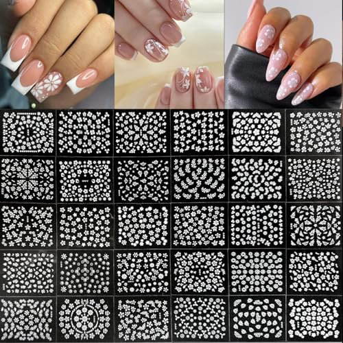 TELAIN Weiße Blumen Nageldesign-Sticker mit Strasssteinen, 3D Selbstklebende Nageldekorationen für Frauen und Mädchen, 30 Blatt (Weiß)