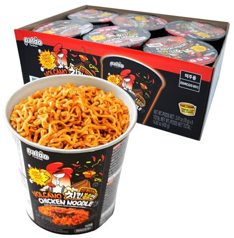 Paldo Volcano Chicken Spicy Noodle Cups 70g x 6 – Instant Korean Fire Noodles – Extreme Hot Chicken Flavour Ramen – Instant Cup Noodles