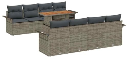 vidaXL 9-teiliges Garten-Sofaset mit Kissen in Grau, aus Poly-Rattan, mit Stauraum, für Patio-Möbel und Bequeme Außenbestuhlung, modulares Esszimmer für die Terrasse