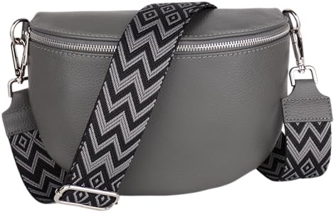 MIRROSI Damen Bauchtasche aus Echtleder, Made in Italy. Als Umhängetasche, Brust- oder Schultertasche tragbar, 26x20x8 cm, Reißverschlussfach hinten. (Dunkelgrau: Boho)