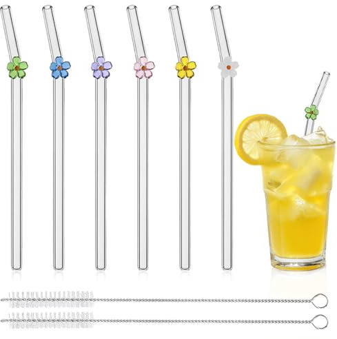6 Stück Strohhalme Glas, Wiederverwendbar Glas Strohhalm, Trinkhalme Glasstrohhalme Gebogen mit 2 Reinigungsbürsten für Säfte, Cocktails, Smoothie, Kaffee, Milch (Blume)