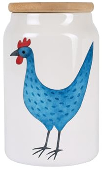 Kilala Keramik Vorratsdose mit Huhn-Motiv & Bambusdeckel – 650 ml – Luftdicht, Spülmaschinengeeignet – Deko-Dose Landhausstil Küche, Weiß glänzend (blau)