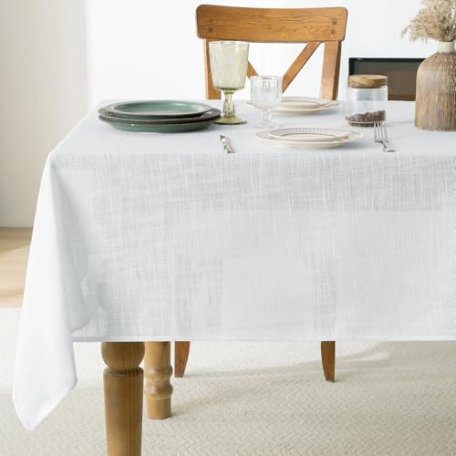 FIBORIA Outdoor Tischdecke Weiß 240x140 cm Abwaschbare Aus 300 GSM Leinenoptik Tischtuch Abwischbar Wasserabweisende Tischdecken Rechteckig Tablecloth Für Camping,Garten,Hochzeite,Party,Geburtstag
