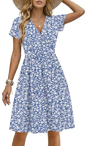 WNEEDU Summer Dresses for Women UK Short Sleeve V Neck Empire Waist Floral Wrap Dress Festival with Pockets
