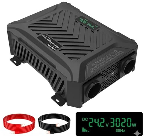 DATOUBOSS Inversor de Corriente 24V a 230V 3000W (6000W Potencia Pico), Onda sinusoidal Pura, Pantalla LCD, 2 enchufes EU Schuko, USB-A y USB-C, Autocaravana, energía Solar, camión, Camping, Barco