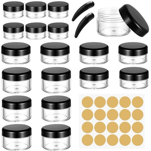 18 Pcs Small Travel Pots for Toiletries 5ml 10ml 20ml Plastic Cosmetic Jars with Lids, Sample Pots for Cosmetics, Cosmetic Sample Jars with Lids for Make-up Lip Balm Containers + 2 Spoons/20 Lables