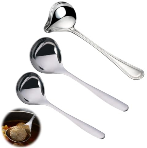 Soßenlöffel Set, 3-teiliges Edelstahl Schöpfkelle Sortiment mit großem Soßenlöffel, kleiner Suppenkelle und dekorativer Ölkelle, rostfreier 304 Edelstahl für Küche und Gastronomie, langlebige Schöpflö