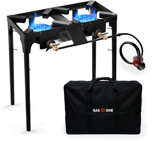 GasOne Double Propane Burner with Carry Bag Adjustable Height 4-Tier Removable Legs for Outdoor Cooking – High Pressure PSI Regulator Camping Accessories Camp Stove – Cast Iron Portable Stove Top