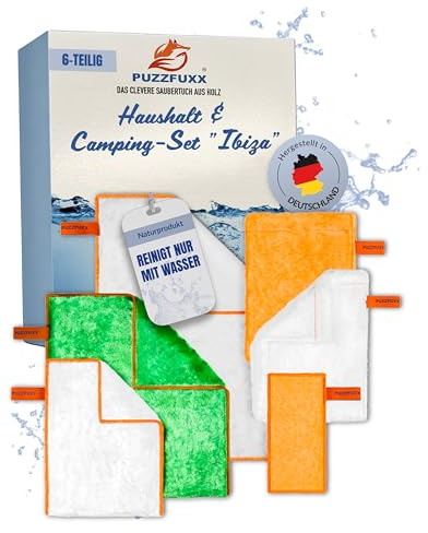 PUZZFUXX Haushalt & Camping Set 6-teilig, selbstreinigend, Ibiza | Campingset, Wohnmobil, Komplettset, Reiseset, Reinigungstuch, Waschhandschuh, Poliertuch, ohne Chemie, nachhaltig, Outdoor