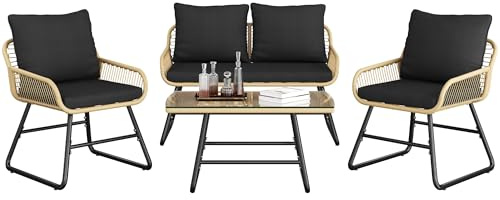 Yaheetech 4-Piece Rattan Bistro Set, Loveseat, 2 Chairs & Table, Tan/Black