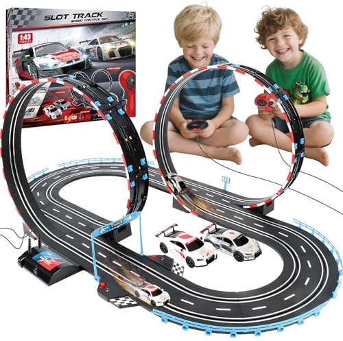 JONRRYIN Autorennbahn Elektrisches Slot Car für Kinder, 1:43 Autobahn Rennstrecke Auto Spielzeug 2 Slot Cars Zubehör Elektrische Rennbahn, Elektrisches Rennwagenset Geschenke für Mädchen Jungen 6-12