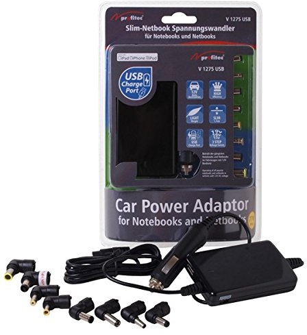 profitec V 1275 USB KFZ Slim Notebook Spannungswandler 15V 16V 19V + USB / 4500mA max. mit 8 Steckadaptern für gängige Geräte