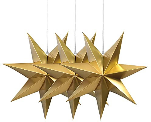 Frau WunderVoll® Faltsterne Gold 3 Stück Durchmesser 25 cm, 7 Zacken geschlossene Oberfläche Feste Pappe, Weihnachten,Advent,Fenster Dekoration,Weihnachtsbaum,