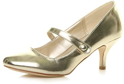 Ajvani Womens Ladies Low mid Heel Mary Jane Strap Work Party Court Shoes, Gold Metallic, 7 UK
