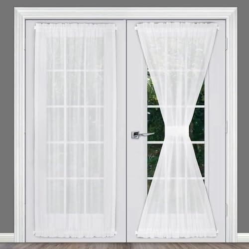 Rose Home Fashion Voile French Door Curtains Set of 2 Panels, Sidelight Curtains for Front Door with Tieback, Privacy Sheer Doorway Light Filtering Panels, White, W40 x L72