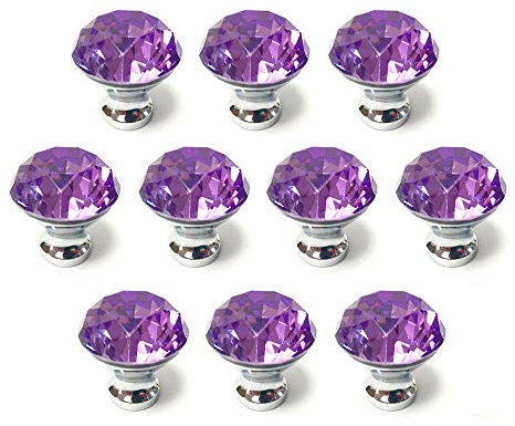 ANJUU 10 Pcs 30mm Silver Plated Base Diamond Shape Crystal Glass Cabinet Knob Drawer Knob Pull Handle Used for Kitchen, Dresser, Door, Cupboard (Purple)