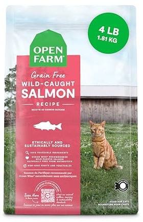 Open Farm, Grain Free Dry Cat Food, High-Protein Kibble for a Complete & Balanced Diet, Non-GMO Fruits & Vegetables, Prebiotic Fibers to Support Digestion, Wild-Caught Salmon Recipe, 4lb Bag