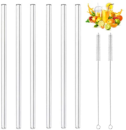 Glas Strohhalme 21.5 cm Transparent - 6 Stück gerade - Wiederverwendbare Glas Trinkhalme + 2 Reinigungsbürste gesunde GlasStrohhalme, gesund, umweltschonend, frei von BPA