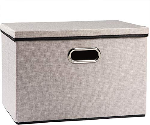 Prandom Storage Boxes with Lids Large,Collapsible Linen Fabric Storage Box,Decorative Bins,Really Useful Box,Clothing Storage,Stackable,45x30x30cm,Light Grey[1-Pack]