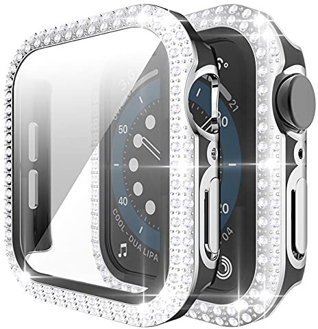 Miimall Funda para Apple Watch Series 3/2/1 38mm 42mm Diamantes de Imitación Protección Completo PC Cover con Protector de Pantalla Cristal Templado Case para iWatch 42mm Negro + Plata