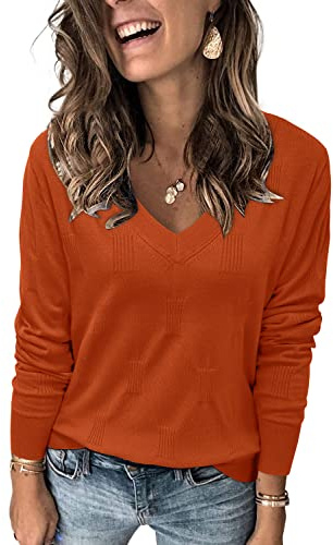 Arach&Cloz Pullover Damen V Ausschnitt Langarm Herbst Winter Strick Tops Strickpullover Langarmshirt Rust