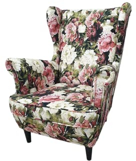 MartHome Einzelsofa Loungesessel mit Fußstütze Wohnzimmersessel, Stoffsessel - Relax Sessel TV Ohrensessel, Bequemer Loungesessel Wohnzimmer - Skandinavischer Sessel (Pfingstrosenmuster 01)