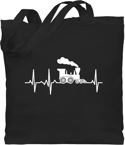 Baumwolltasche - Hobby Outfit - Dampflok Herzschlag weiß - Unisize - Schwarz - fahrzeuge kinder zug stoffbeutel flugzeugen züge baumwolle geschenk weihnachten eisenbahn jutebeutel eisenbahnen