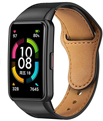 HYKEJJ Lederarmband für Huawei Band 6, Premium Leder, Edelstahlverbindungen, Multicolor, 16 Millimeter, Schwarz, Schweißresistent, Sport, Alltag, Armband, Uhrenarmband