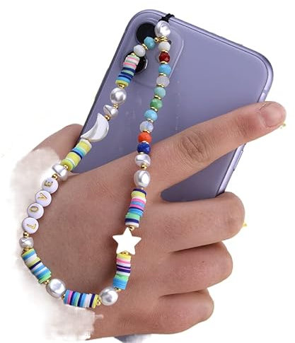 PTNKUIIY Handykette Perlen Bunt Handyanhänger, Böhmische Anti-Verlorene Handykette Mond Stern Telefon Anhänger Perlen Telefon Kette Strap Perlenkette Handy Charm Schlüsselanhänger Dekoration