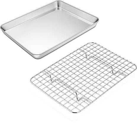 TEAMFAR Bandeja de horno con rejilla de enfriamiento, bandeja de acero inoxidable para hornear mini bandeja para hornear rectangular mini bandeja de horno con rejilla de enfriamiento, no tóxica y