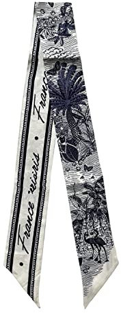 JERLA 100% Mulberry silk Scarf Bag scarf Head Hair Ribbon Handbag Handle wrap Tie Bundle Scarf Neckerchief Scarf for women, Cream White and Black Navy Robin