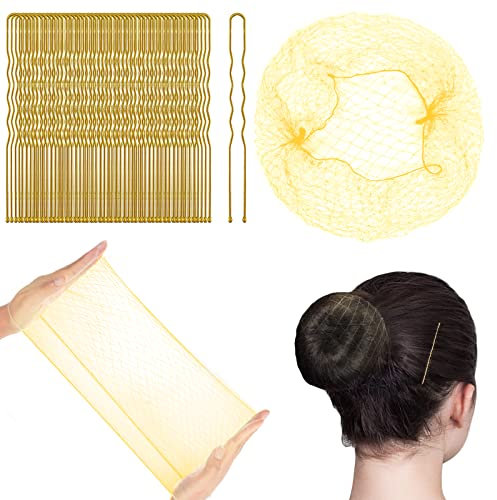 URAQT Haarnetze, 80 Stück Unsichtbare Elastisches Haarnetze mit Haarnadel, Dutt Haarnetz, Nylon Haarnetze für Frauen, Mädchen, Haarknoten Herstellung, Ballett Tänze (Gold)