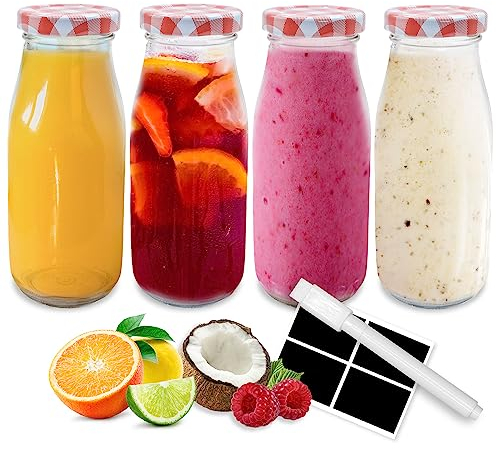 volila Glass Milk Bottles with Lids - 4 Pack x 250ml Glass Bottles with Lids, Labels, and Pen - Reusable Milk Bottle for Juices, Dressings, Sauces, Beverages, Decoration and Storage (Red Gingham Lid)