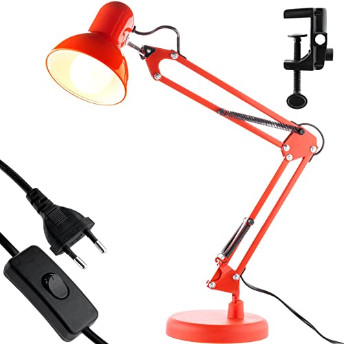 Lumiled Schreibtischlampe klassisch Leselampe Rot Tischleuchte Tischlampe Verstellbarer Arm Arbeitsleuchte Nachttischlampe mit E27 Fassung Retro aus Metall Arbeitszimmer mit Klemme red