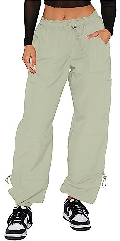 DISCIPBUSH Cargohose für Damen, Baggy, Fallschirmhose für Damen, trendig, Y2K Hose, Streetwear Damen mit vier Taschen, hellgrün, M