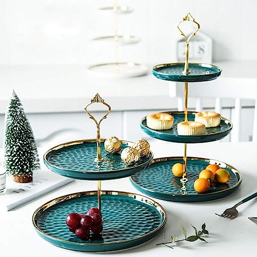 Juego de 2 soportes redondos de porcelana escalonados para cupcakes, soporte para platos de postre, bandejas escalonadas para servir con varilla dorada, 3 niveles y 2 niveles para tartas, bandejas