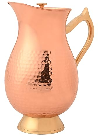 Pure Copper Water Hammered Jug with Lid and Brass Handle for Ayurveda Health Benefits, 1 Liter (33.81 US Fl Oz) Capacity (Traditional Style)