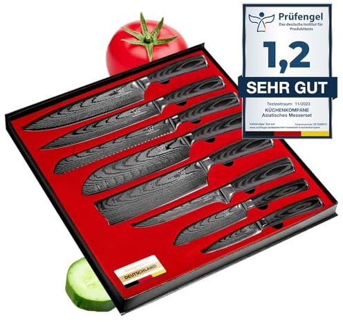 Küchenkompane – Edelstahl Messerset Kurai – 8-teiliges Küchenmesser Set im Damast-Design mit ergonomischem Epoxidharz Griff und Geschenkbox – Rostfreie & scharfe Messer – Designed in Germany