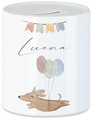 Manufaktur Liebevoll Personalisierte Kinder Spardose Hund Namen Geburt Taufe Taufgeschenk Baby Geschenk Geburtstagsgeschenk Geldgeschenk Sparschwein Sparbüchse Keramik Mädchen Junge (Motiv Hund)