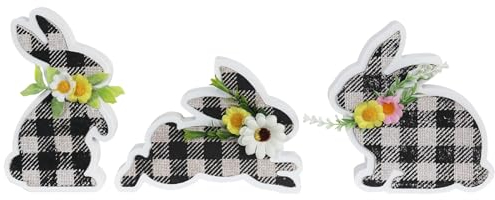 MEETYAMOR Oster-Dekorationen, Osterhasen mit Blumen, Bauernhaus, Holzblock, Osterdekoration, schwarz-weißes Büffelkaro-Design, Osterdekorationen für den Innenbereich für Wohnzimmer, Tische, Kaminsims,