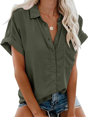 Friptspyg Bluse Damen Lässiges Kurzarm Hemdbluse Sommer V-Ausschnitt 100% Baumwolle Solide Blusenshirt Elegant Oberteile mit Tasche, Armee Grün L