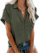 Friptspyg Bluse Damen Lässiges Kurzarm Hemdbluse Sommer V-Ausschnitt 100% Baumwolle Solide Blusenshirt Elegant Oberteile mit Tasche, Armee Grün L