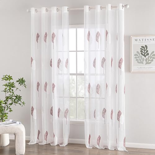 MIULEE Tende Interni Moderne 2 Pezzi 140x260 CM, Voile Tenda Finestra Interno Salotto, Tenda Trasparente con Ricami a Foglie Bianche e Rosa Antico, Fantasia Tende Camera da Letto Soggiorno Occhielli