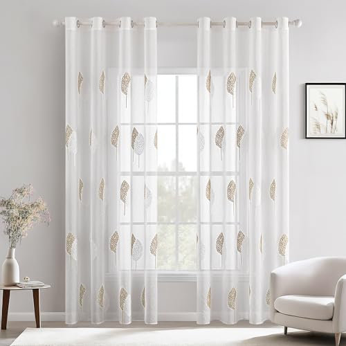 MIULEE Wohnzimmer Vorhänge Transparent mit Blätter Muster, Modern Stickerei Gardinen Ösen für Schlafzimmer Deko, 2er Set Schöne Blätter Muster Durchsichtig Vorhang Fenster H 245 x B 140