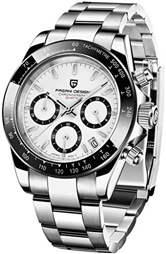 Pagani Design Klassische Quarzuhr für Herren, Japanisches Uhrwerk VK63, Keramik-Lünette, Edelstahl, wasserdicht, Business Sport, Chronograph Datum (White-pd1644)