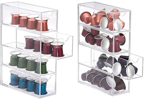 IGNPION 2pc Acrylic Coffee Pods Storage Box with 4 Drawer, Clear Kitchen Coffee Capsules and Sugar Packet Holder with Lid, Stackable Small Desktop Organiser Drawer for Office, Batheroom, Dresser